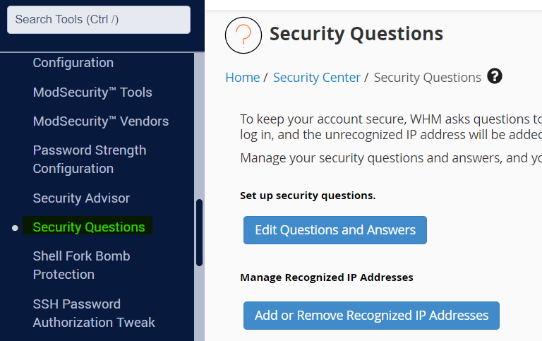 security questions cpanel/whm settings