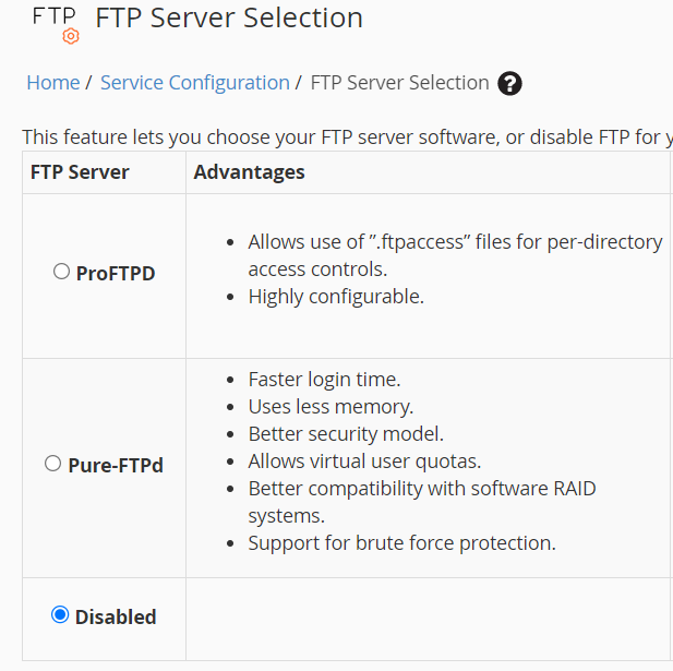showing how to disable FTP server cPanel
