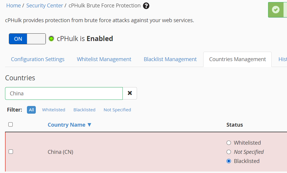 blacklist login from countries cPHulk WHM
